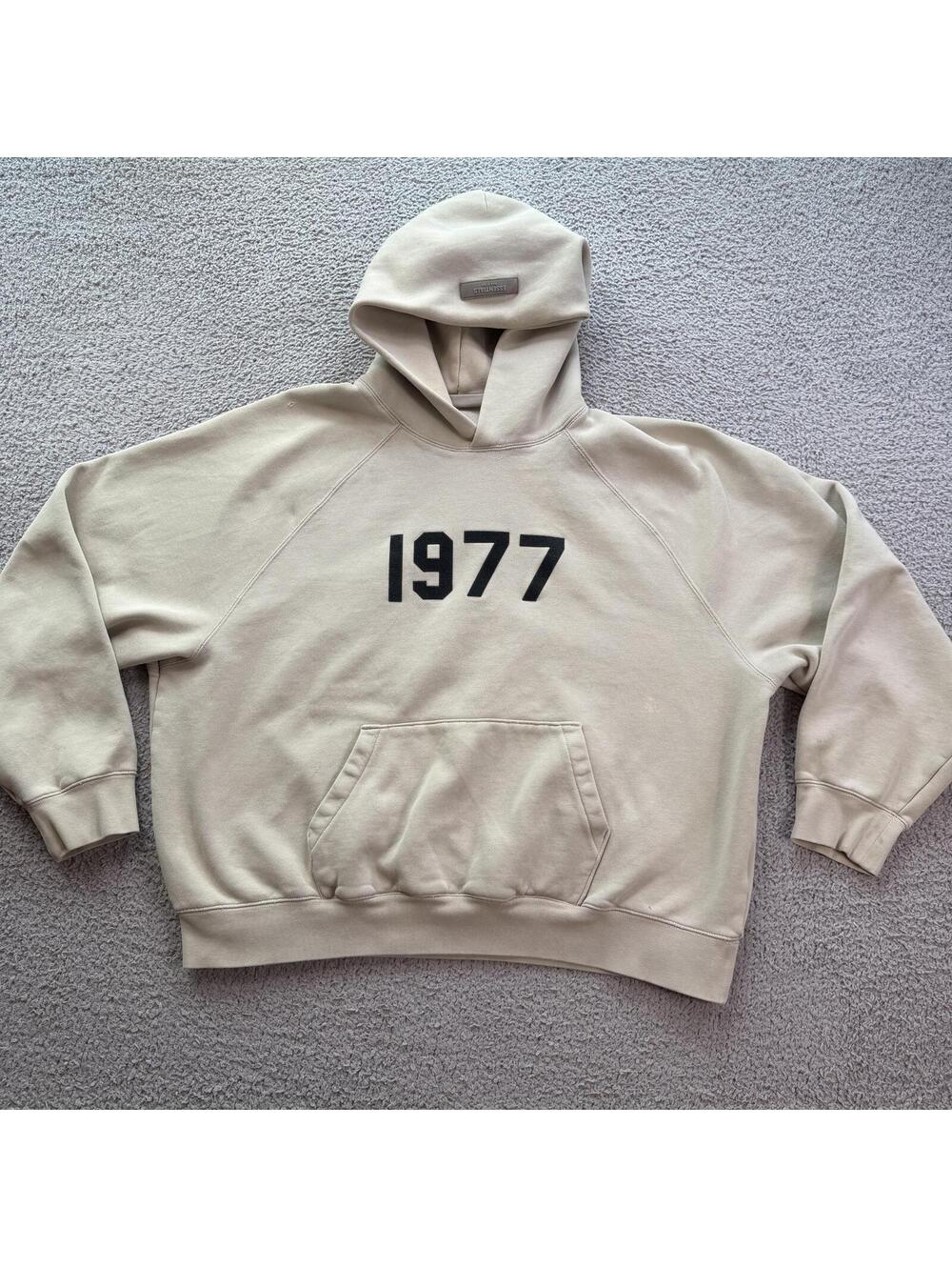 Fear Of God Essentials 1977 Hoodie Cream Beige Flocked Logo Pullover Large Heavy